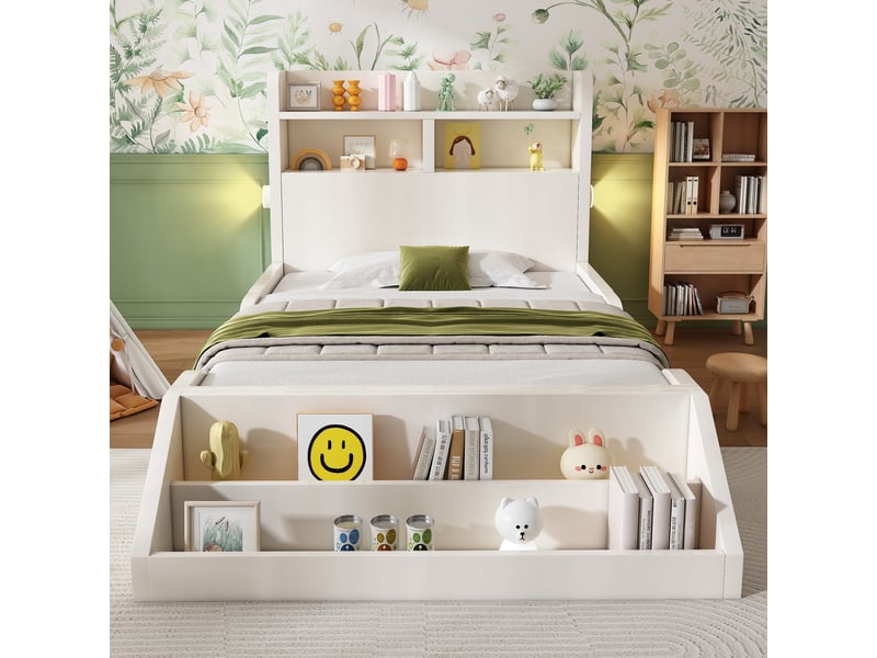 Lit enfant 90x200 cm, avec veilleuse et rangements intégrés, étagère amovible, sommier inclus, sans matelas - blanc - Conforama C
