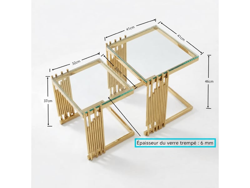 Lot de 2 tables d’appoint carrées – verre trempé transparent et acier inoxydable doré – 4132 cm  - Conforama D