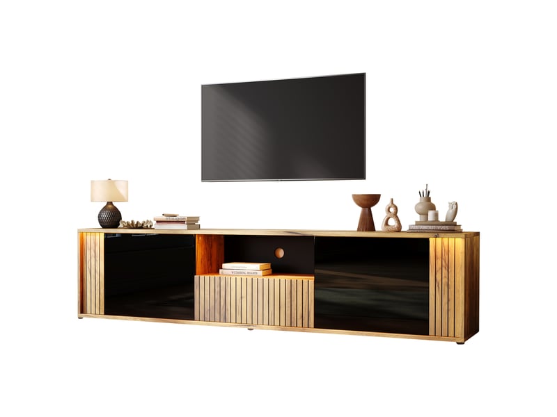  Meuble tv, avec éclairage led, rangement, aspect bois, 2 portes, 1 tiroir, noir‑bois, 180x40x51 cm  - Conforama A