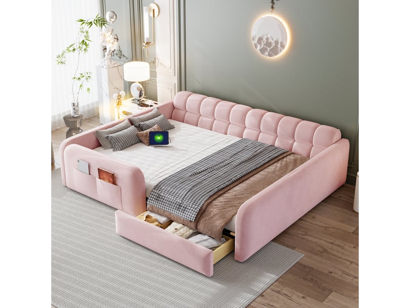  Lit enfant rembourré - 140x200 cm - barrières de sécurité - tiroirs de rangement - éclairage led - prise de charge - velours - rose CozyNest - Conforama B