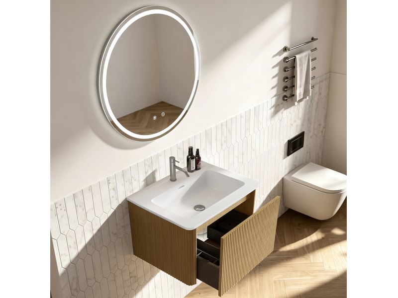  Meuble sous vasque suspendu avec tiroir, vasque intégrée et miroir led, chêne, pour salle de bain 61 × 46,5 × 37 cm  - Conforama D