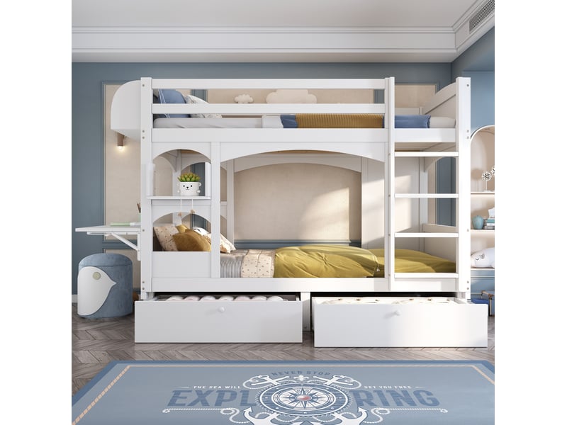  Modenvie lit superpose enfant 90x200 cm - avec bureau rabattable et rangements, sans matelas - blanc  - Conforama D