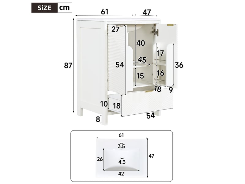  Meuble sous lavabo 61 x 47 x 87 cm blanc mdf et céramique, 2 portes, tiroir, vasque incluse sur pied  - Conforama C