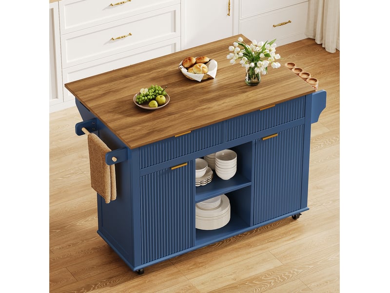  Desserte de cuisine 143x45x89,5 cm bleu et marron avec plateau rabattable  - Conforama D