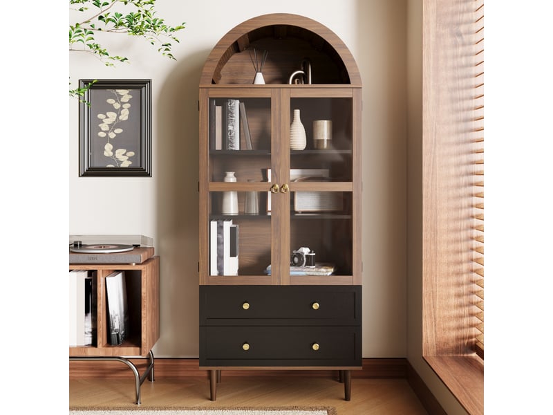  Buffet rétro avec portes en verre bombé, meuble de rangement design avec étagères réglables, couleur noyer, 70x38x165 cm  - Conforama B