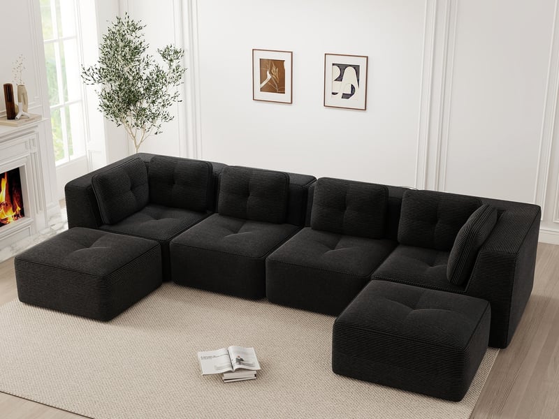  Canapé modulable en u avec ottomane en velours côtelé noir, sans montage  - Conforama B