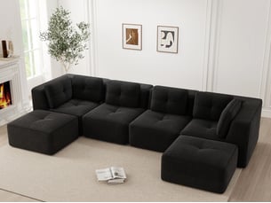 Canapé modulable en u avec ottomane en velours côtelé noir, sans montage