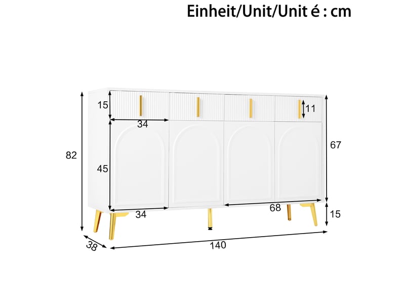  Buffet modenvie 4 portes 4 tiroirs 140 x 38 x 82 cm mdf blanc poignées et pieds dorés  - Conforama C