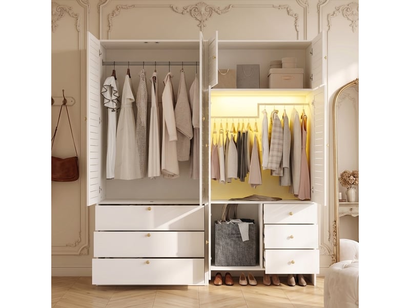  Armoire de rangement 180x50x200 cm avec portes battantes, 2 penderies, panier à linge, led, 6 tiroirs et étagères, meuble chambre - pb-blanc  - Conforama D