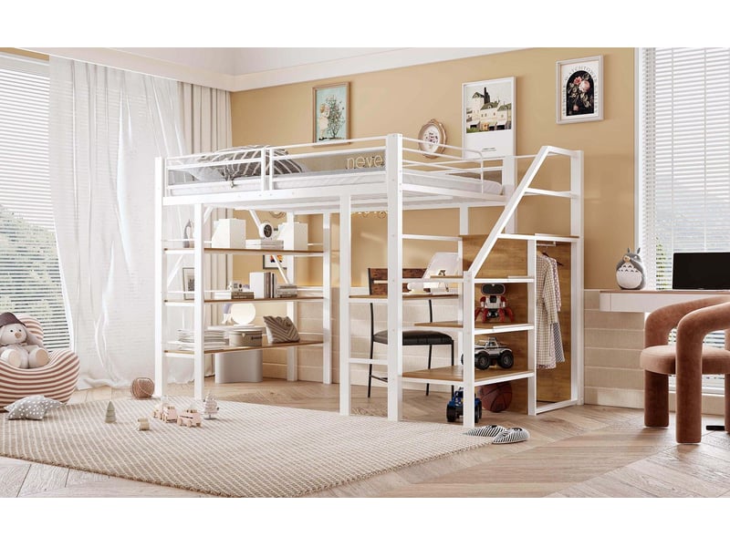  Lit mezzanine 140x200cm avec bureau et armoire - lit double - escalier avec rangement, étagères, métal blanc  - Conforama B