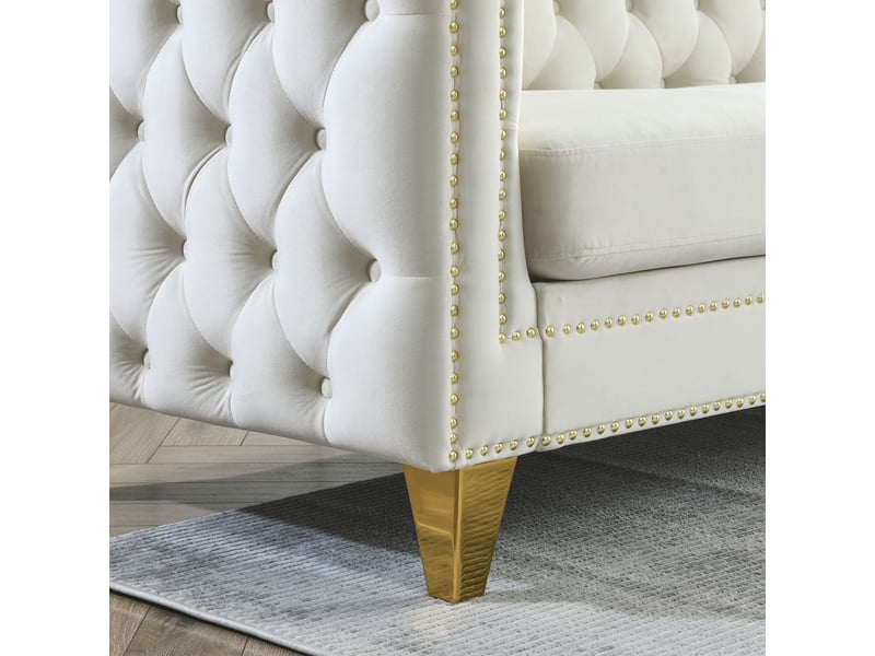  Canapé moderne - canapé en velours de style chelsfield, avec pieds dorés, boutons capitonnés, pour salon, beige, réf. W3349s00170  - Conforama E
