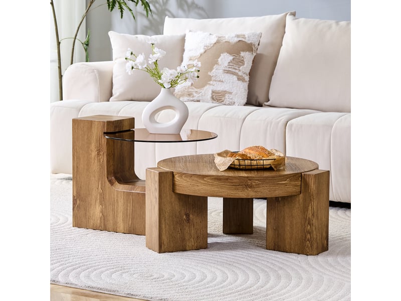  Ensemble table basse et tables d'appoint, table basse ronde 2 niveaux, mdf aspect bois, verre brun, ø 61 cm  - Conforama B