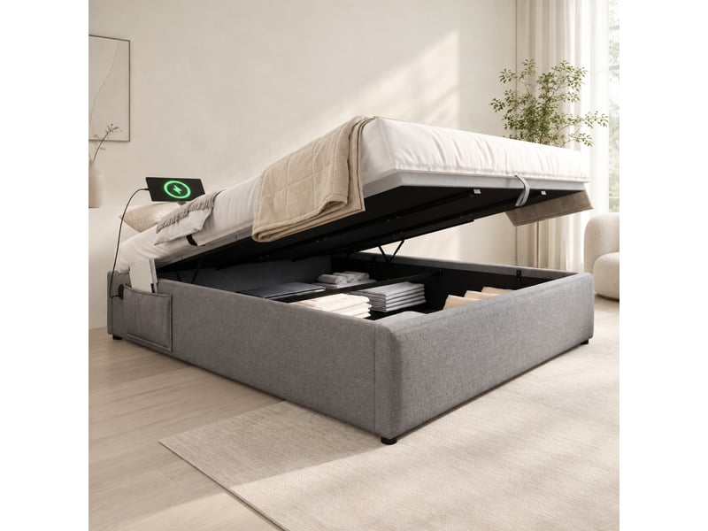  Lit coffre double 140x200 cm gris, sans tête de lit, avec ports usb et type-c intégrés  - Conforama B