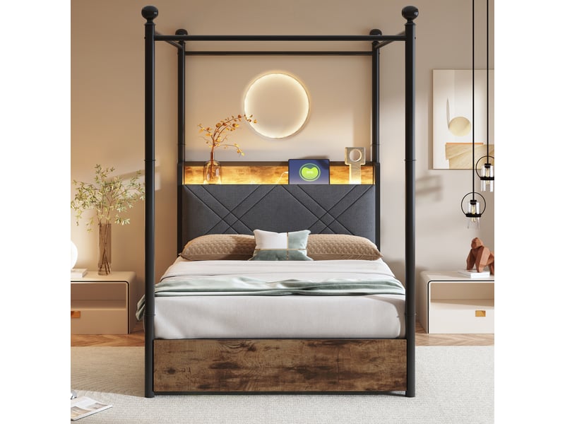  Lit baldaquin 90x190 cm modulable avec 2 tiroirs et led, noir, sans matelas  - Conforama W
