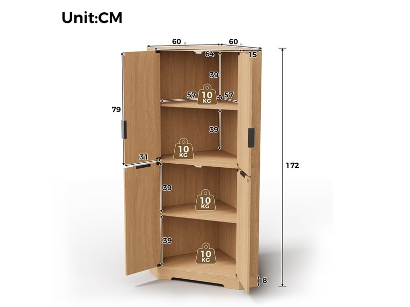  Buffet de cuisine 4 portes 60x60x172 cm - meuble d'angle avec étagères réglables et anti-basculement - naturel  - Conforama C