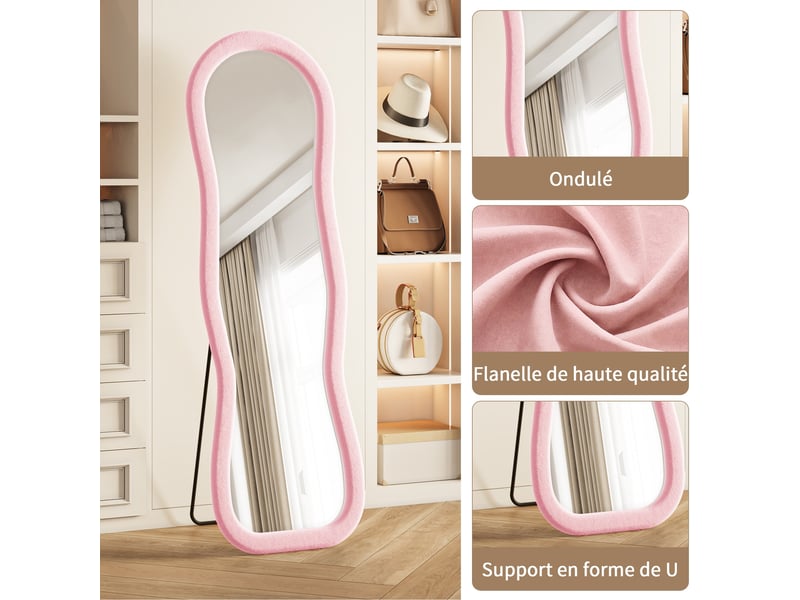 Miroir en pied ondulé - 160x50 cm - miroir corps entier avec cadre en flanelle - rose - Conforama D
