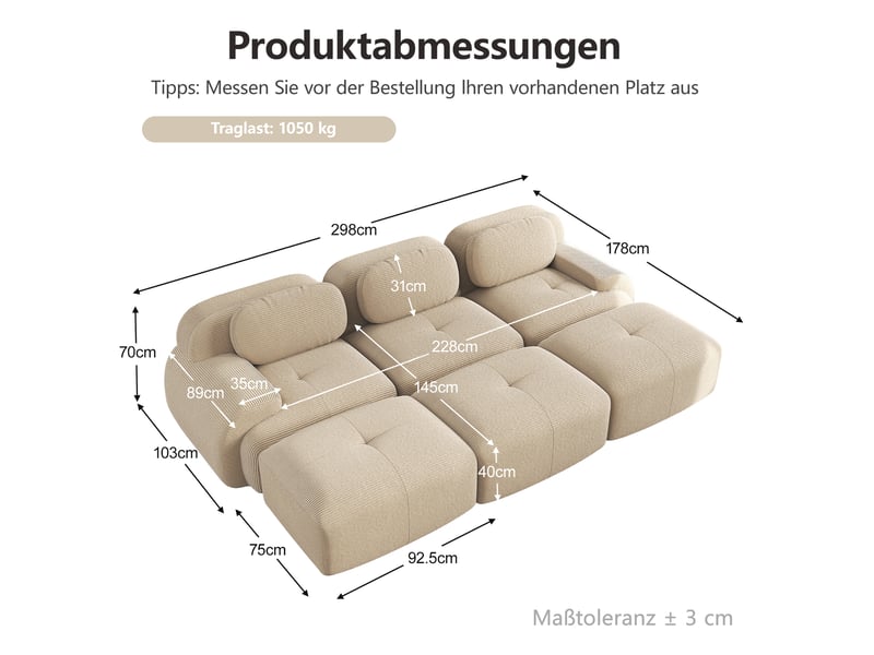  Canapé modulable 3 places en velours côtelé beige, 298 x 178 x 70 cm, sans armature, sans montage, livré compressé, base antidérapante, pour le salon CARDUME ESTIVAL - Conforama C