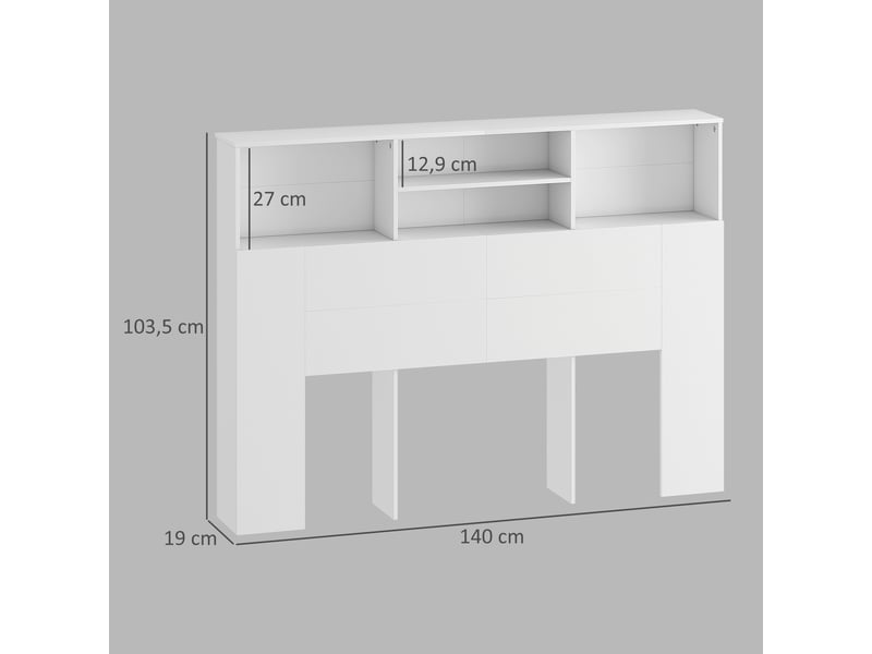  Tête de lit sur pied avec rangements, accessoire de lit 4 compartiments ouverts, 140 x 19 x 103,5 cm, blanc  - Conforama C