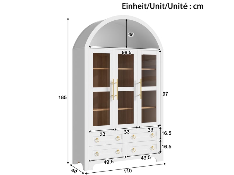  Vitrine 110x40x185 cm blanc avec 3 portes vitrées, 4 tiroirs et niche ouverte  - Conforama C