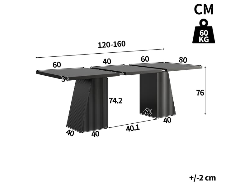 Ensemble salle à manger 4 personnes, table extensible 120-160x80 cm avec 4 chaises rembourrées en velours, pieds métal, finition noire - Conforama D