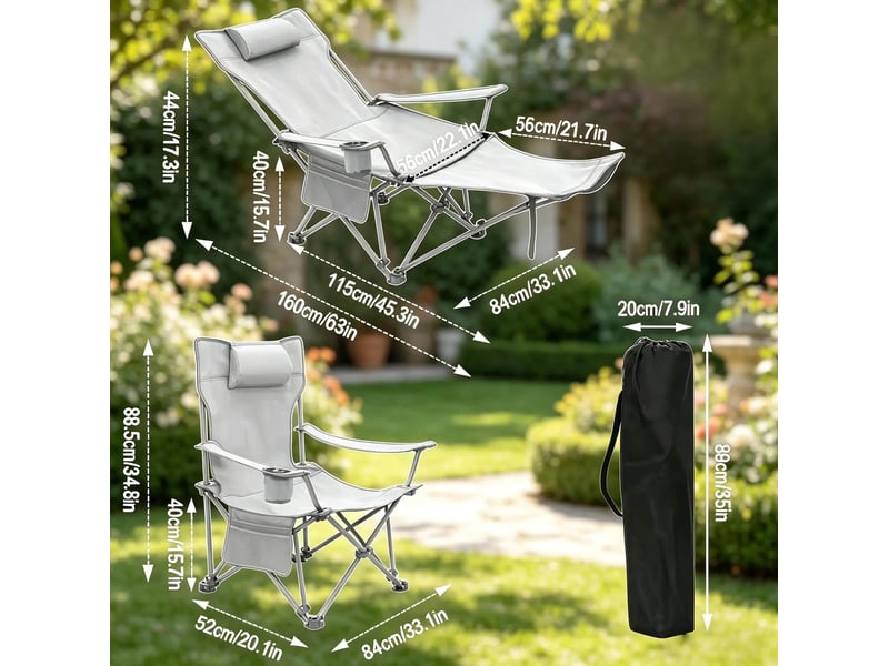 Fauteuil de camping pliant noir avec repose-pieds extensible, dossier réglable et sac de transport pratique - Conforama C