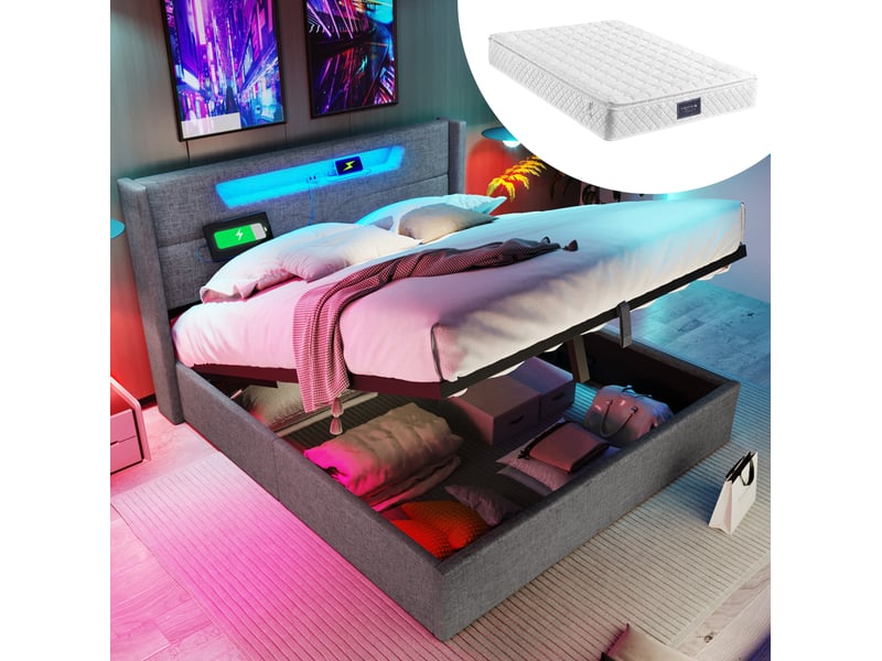 Modenvie lit coffre 140x200 cm - avec led et ports usb-c, matelas et sommier inclus - gris  - Conforama B