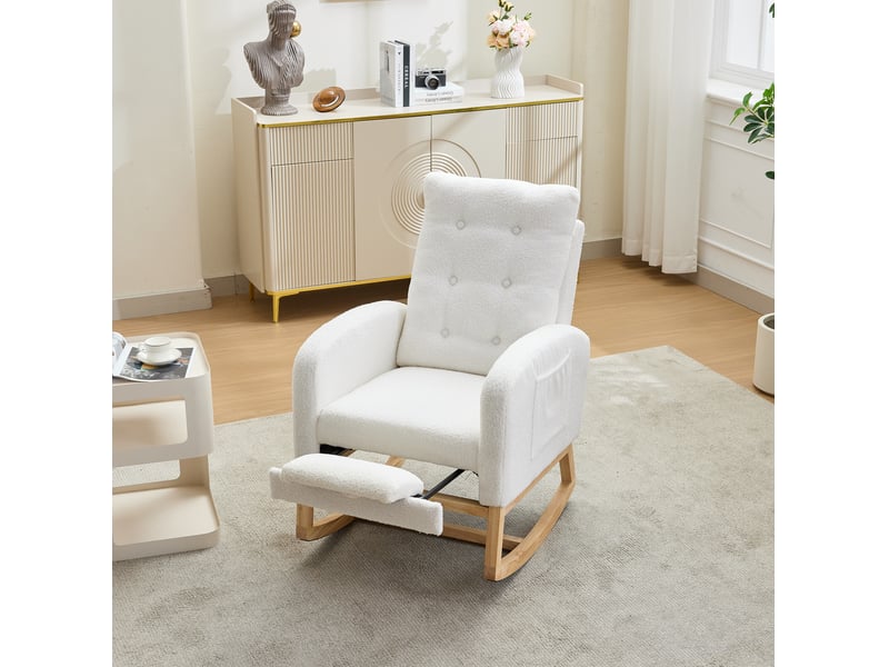  Fauteuil à bascule 66,5x121,5x102 cm, ports usb, repose-pieds et dossier réglables, poches latérales, tissu bouclé, blanc  - Conforama B