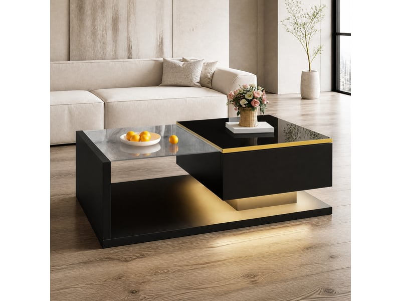  Table basse 90 x 50 cm noire brillante avec verre trempé, led 16 couleurs  - Conforama B