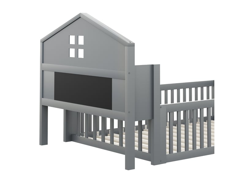  Lit enfant 90x200 cm avec étagère, tableau noir, garde-corps et sommier, forme de maison, bois gris, sans matelas  - Conforama E