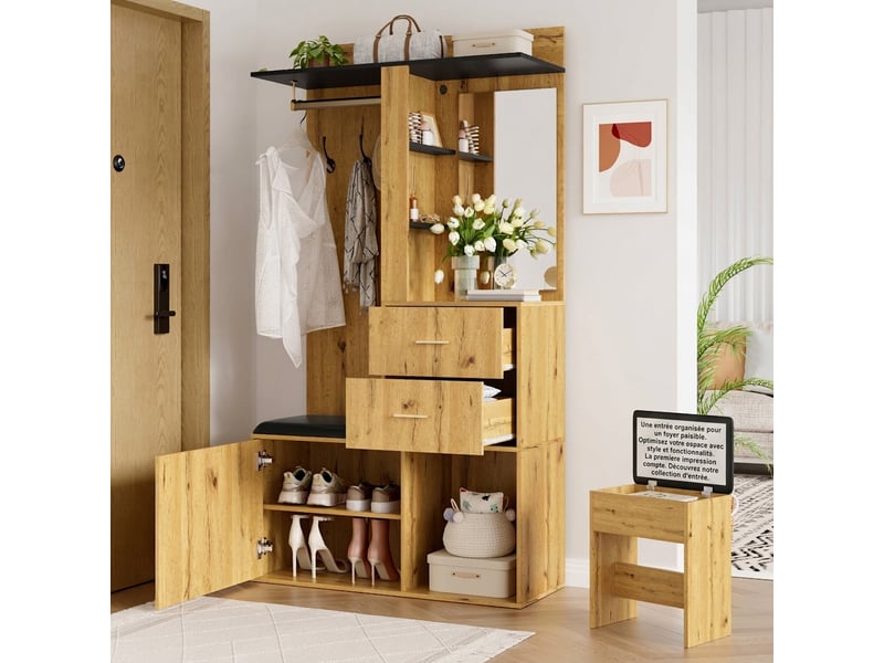 Vestiaire d'entrée tout-en-un avec banc et miroir mdf 100x40x172,5 cm naturel et noir - Conforama C
