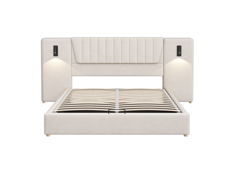 Lit rembourré 180 x 200 cm, avec dossier extra-long, lampe de lecture orientable, port de chargement usb, lit coffre hydraulique, lit double, tissu velours, beige - Conforama E
