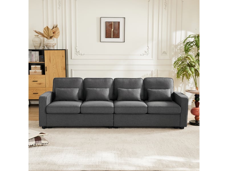  Canapé droit 4 places 264x83x87 cm en tissu effet lin avec accoudoirs de rangement et 4 coussins, canapé salon moderne - gris foncé  - Conforama D