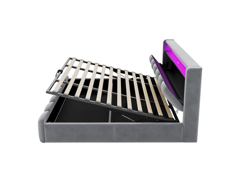  Lit coffre 180x200cm, lit double, ports de charge, led, tête de lit avec rangement, sommiers, velours, métal, mdf, gris  - Conforama E