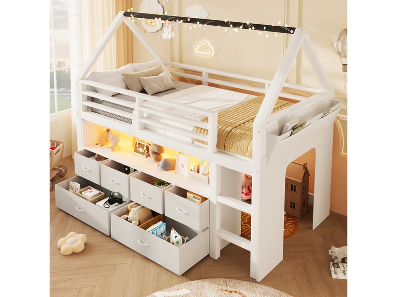  Lit mezzanine maison 90x200 cm avec led, 6 tiroirs en tissu, rideau latéral et poche de rangement, lit enfant en bois avec garde-corps - blanc  - Conforama E