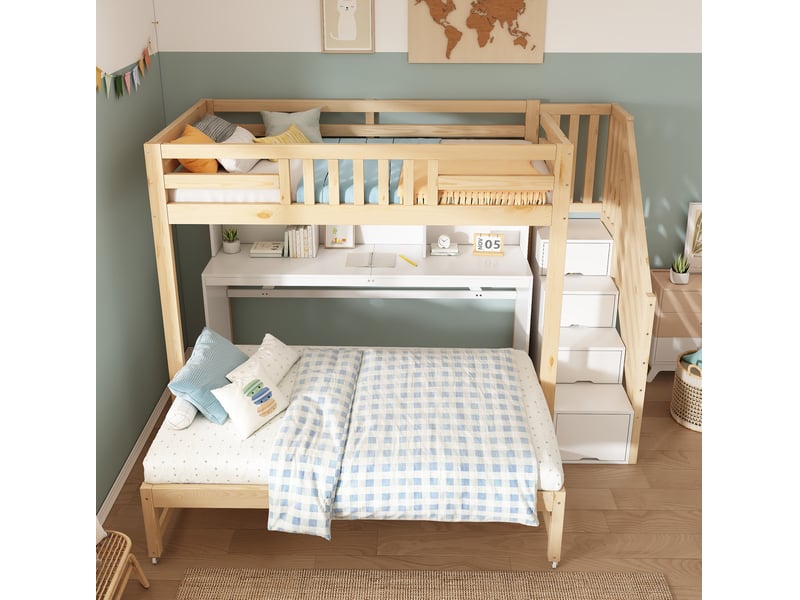  Lit superposé modenvie avec lit gigogne, bureau mobile et rangements, 90 x 200 et 90 x 190 cm, blanc et chêne  - Conforama E