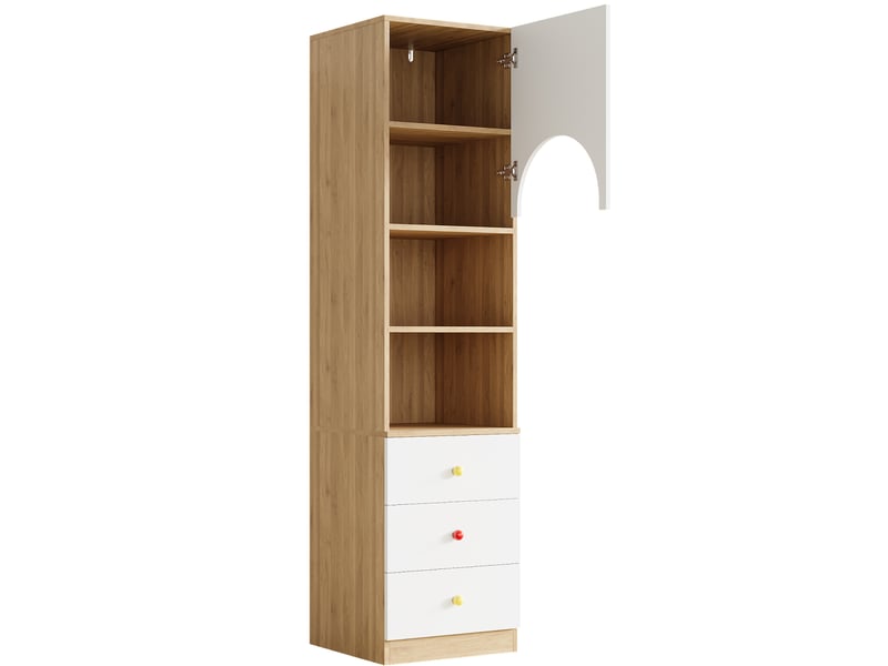  Lot de 2 bibliothèques hautes blanches et bois clair avec 3 tiroirs, 3 étagères et portes arquées pour enfant  - Conforama E