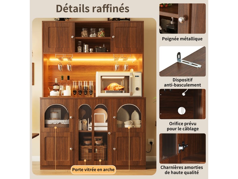  Buffet haut de cuisine 120x40x180 cm, vaisselier à portes vitrées, led multicolore via application, étagères réglables, plan de travail, brun foncé  - Conforama E