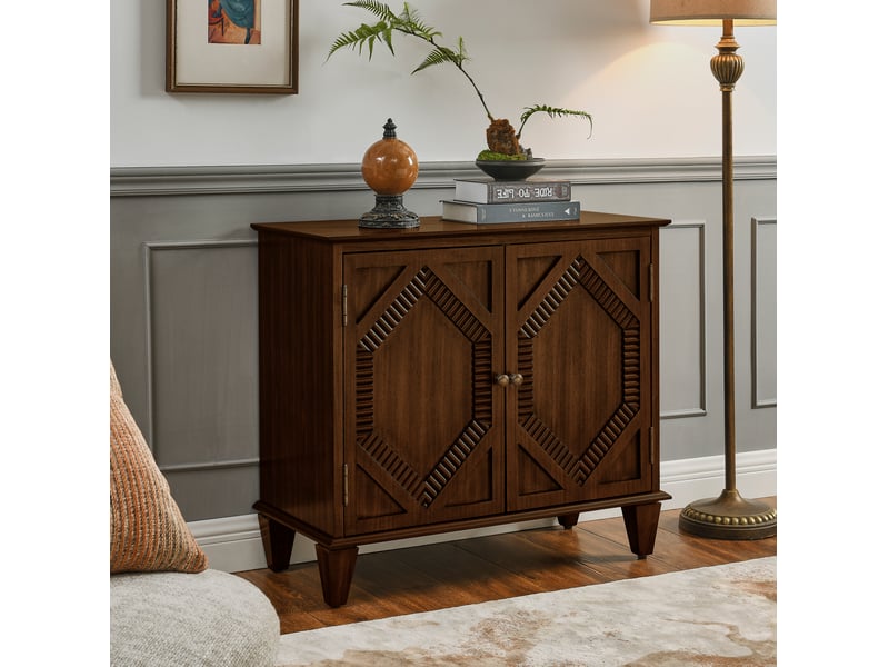  Buffet vitrine rétro 85,3x40 cm avec portes vitrées symétriques, rangement et détails géométriques, mdf et bois massif, effet noyer  - Conforama D