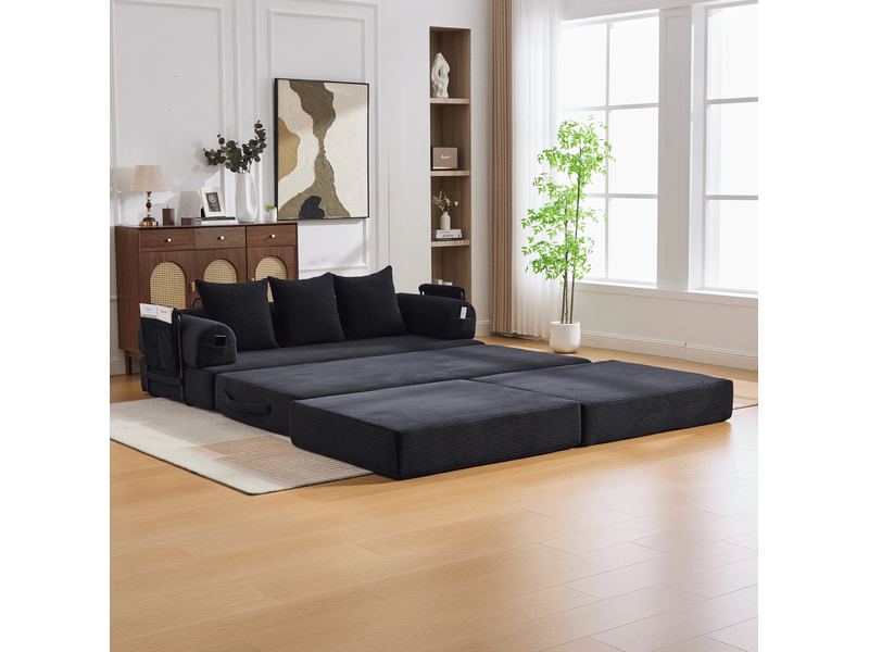  Canapé modulable modenvie 3 places velours côtelé noir avec pouf et 3 coussins 200 x 190 x 67 cm  - Conforama D