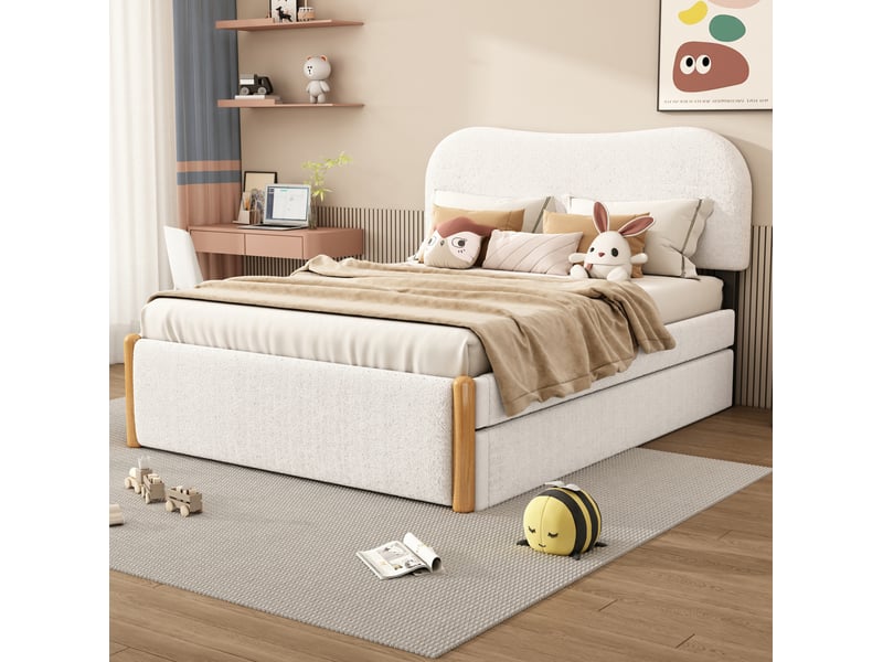  Lit gigogne 140 x 200 cm rembourré avec sommier, blanc, matelas non fourni  - Conforama D