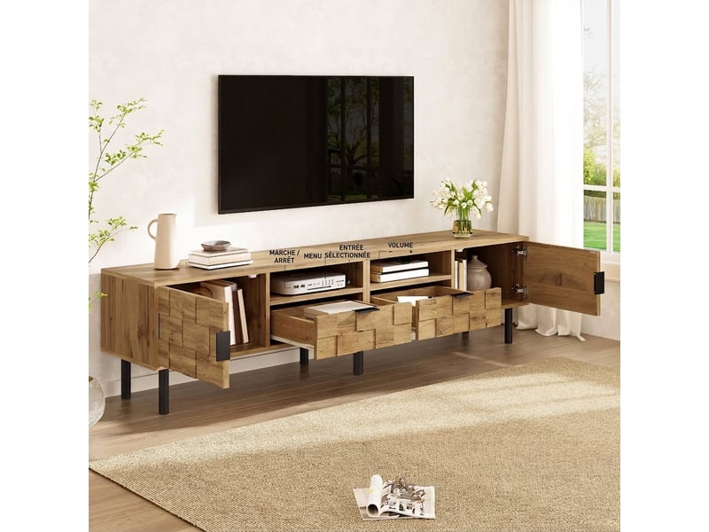  Meuble tv bois effet mosaïque 160 cm avec 2 portes, 2 tiroirs et pieds en métal  - Conforama B