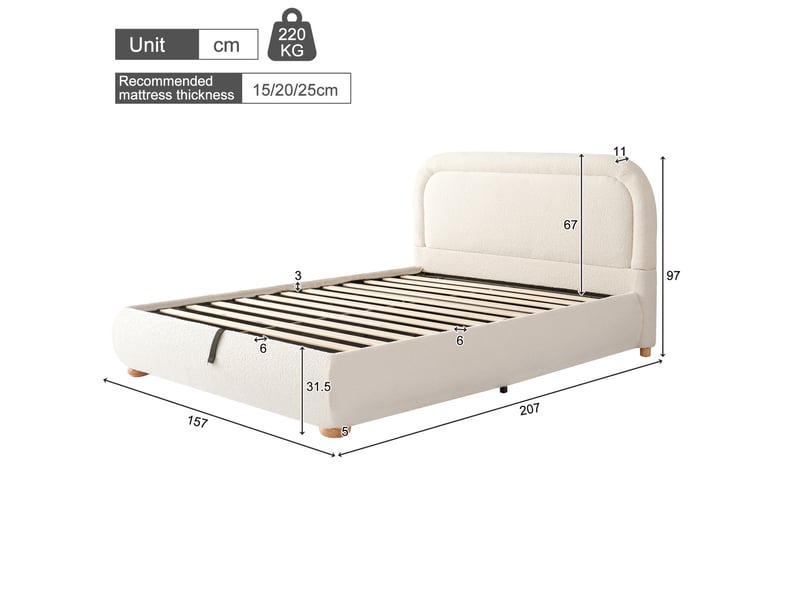  Lit double coffre 140 x 190 cm beige en tissu bouclé avec sommier à lattes  - Conforama E