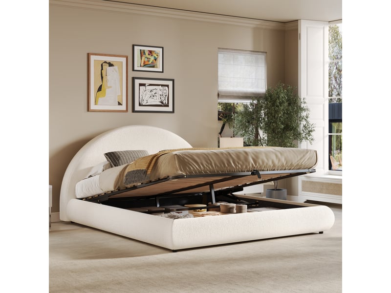 Lit coffre bouclé blanc à tête de lit arrondie 160 x 200 cm Fay Lum - Conforama B