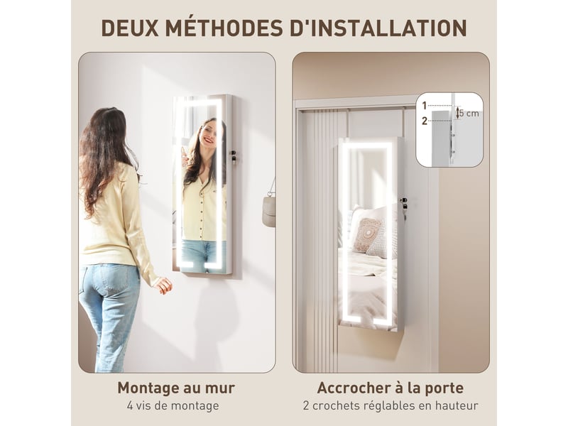  Armoire à bijoux avec led, organisateur de bijoux muralde porte verrouillable avec miroir, blanc, 37 x 10,5 x 108 cm  - Conforama W