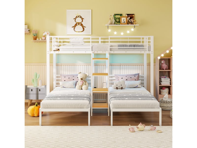  Lit superposé triple 90x200 cm en métal et mdf, 3 couchages en l, échelle intégrée à 4 marches et barrières de sécurité, blanc  - Conforama E