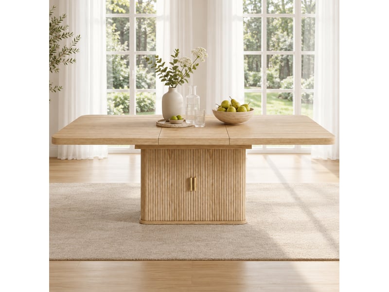  Table de salle à manger extensible pour 6 à 8 personnes avec rangement intégré, plateau épais en mdf coloris chêne  - Conforama D