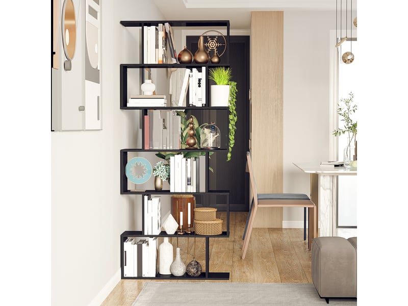  Bibliothèque design murale noire, 6 étagères, zigzag, bois, salonbureau, 80x24x191 cm.  - Conforama C