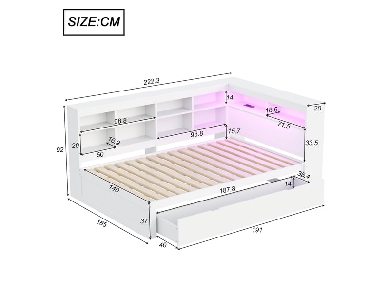 Lit banquette enfant 140 x 200 cm avec led, usb, tiroirs et rangements, bois, blanc Fay Lum - Conforama C