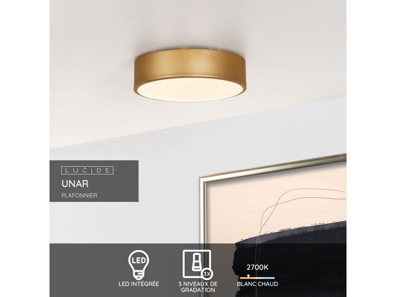 Lucide unar - plafonnier - ø 20 cm - led 3 stepdim - 1x12w 2700k - or mat laiton  - Conforama C