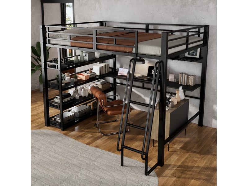  Lit mezzanine 140x200 cm, lit enfant avec rangement, port usb de charge et échelle inclinée, métal, noir, sans matelas  - Conforama D